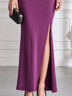 Shimmer Off-the-Shoulder Ruched Slit Maxi Dress