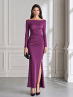 Shimmer Off-the-Shoulder Ruched Slit Maxi Dress