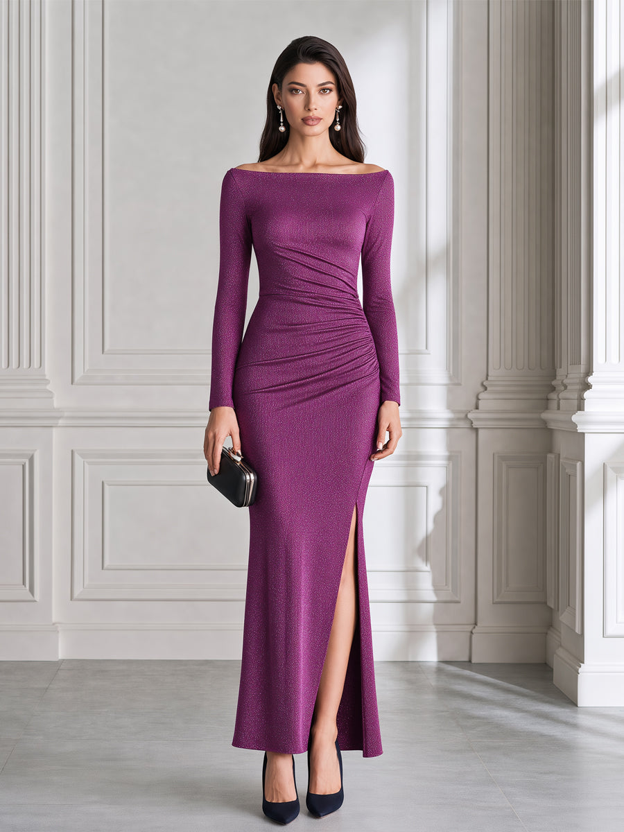Shimmer Off-the-Shoulder Ruched Slit Maxi Dress