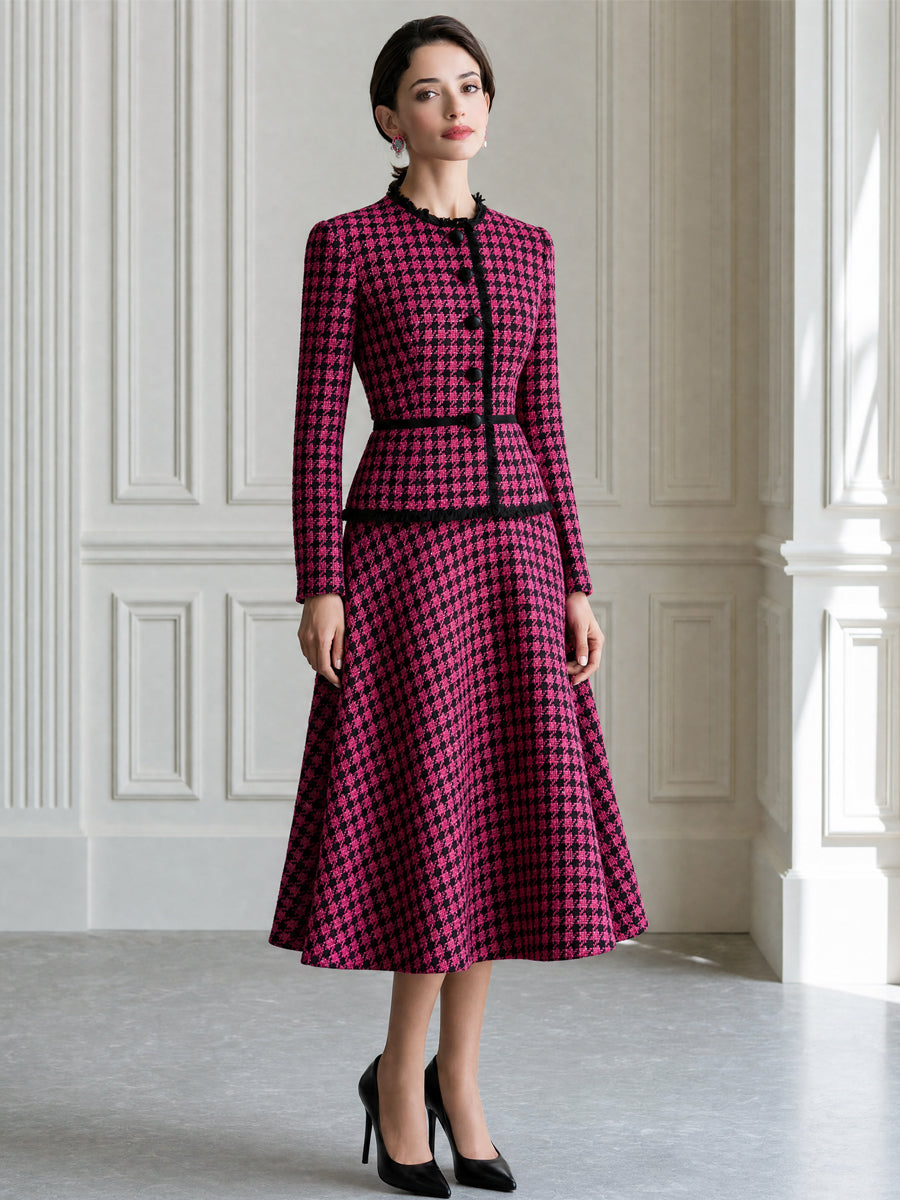 Houndstooth Tweed Fringe Trim Jacket & A-Line Midi Skirt Set