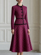 Houndstooth Tweed Fringe Trim Jacket & A-Line Midi Skirt Set