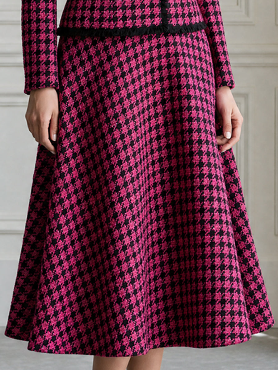 Houndstooth Tweed Fringe Trim Jacket & A-Line Midi Skirt Set