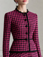 Houndstooth Tweed Fringe Trim Jacket & A-Line Midi Skirt Set