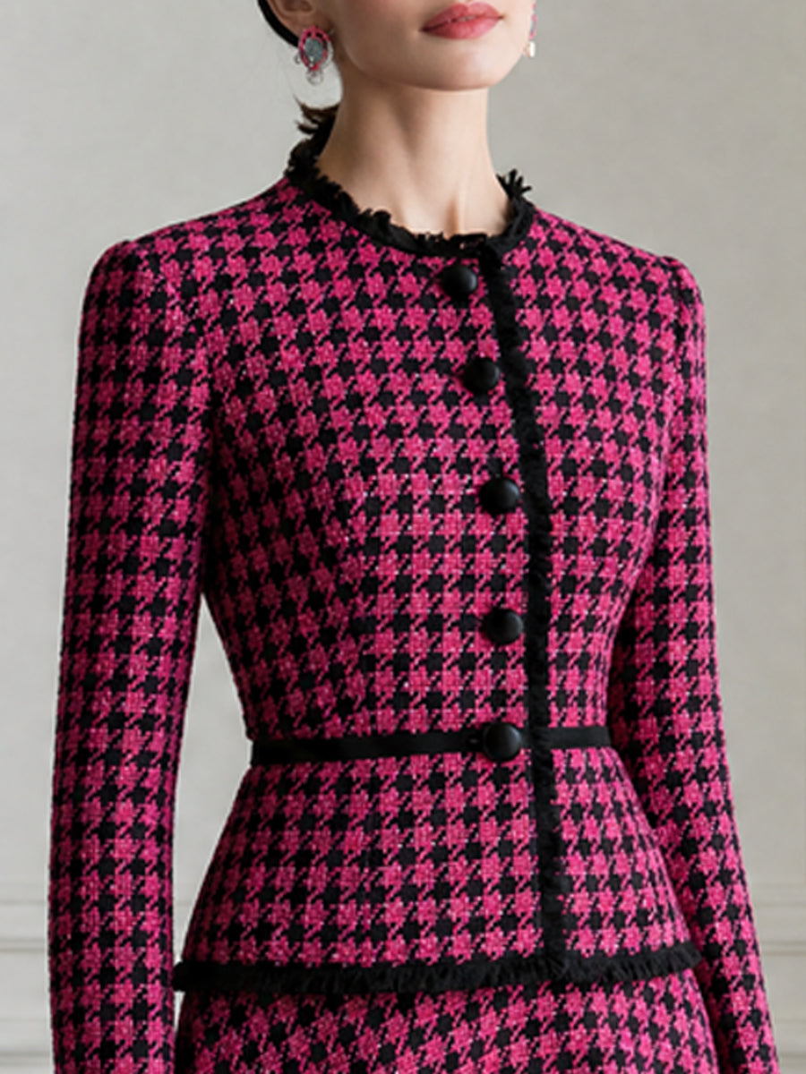 Houndstooth Tweed Fringe Trim Jacket & A-Line Midi Skirt Set