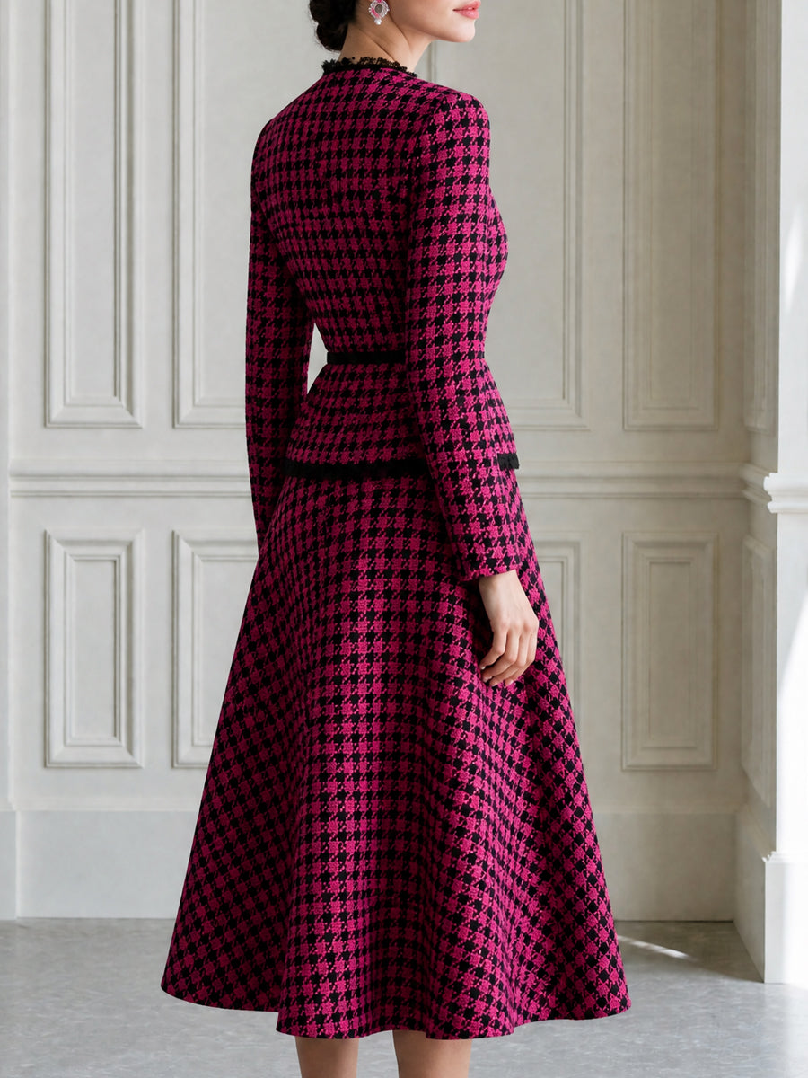 Houndstooth Tweed Fringe Trim Jacket & A-Line Midi Skirt Set