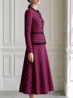 Houndstooth Tweed Fringe Trim Jacket & A-Line Midi Skirt Set