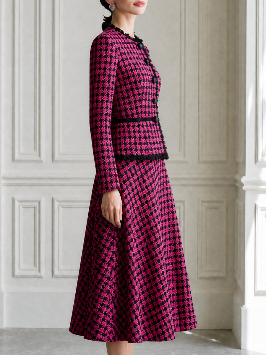 Houndstooth Tweed Fringe Trim Jacket & A-Line Midi Skirt Set