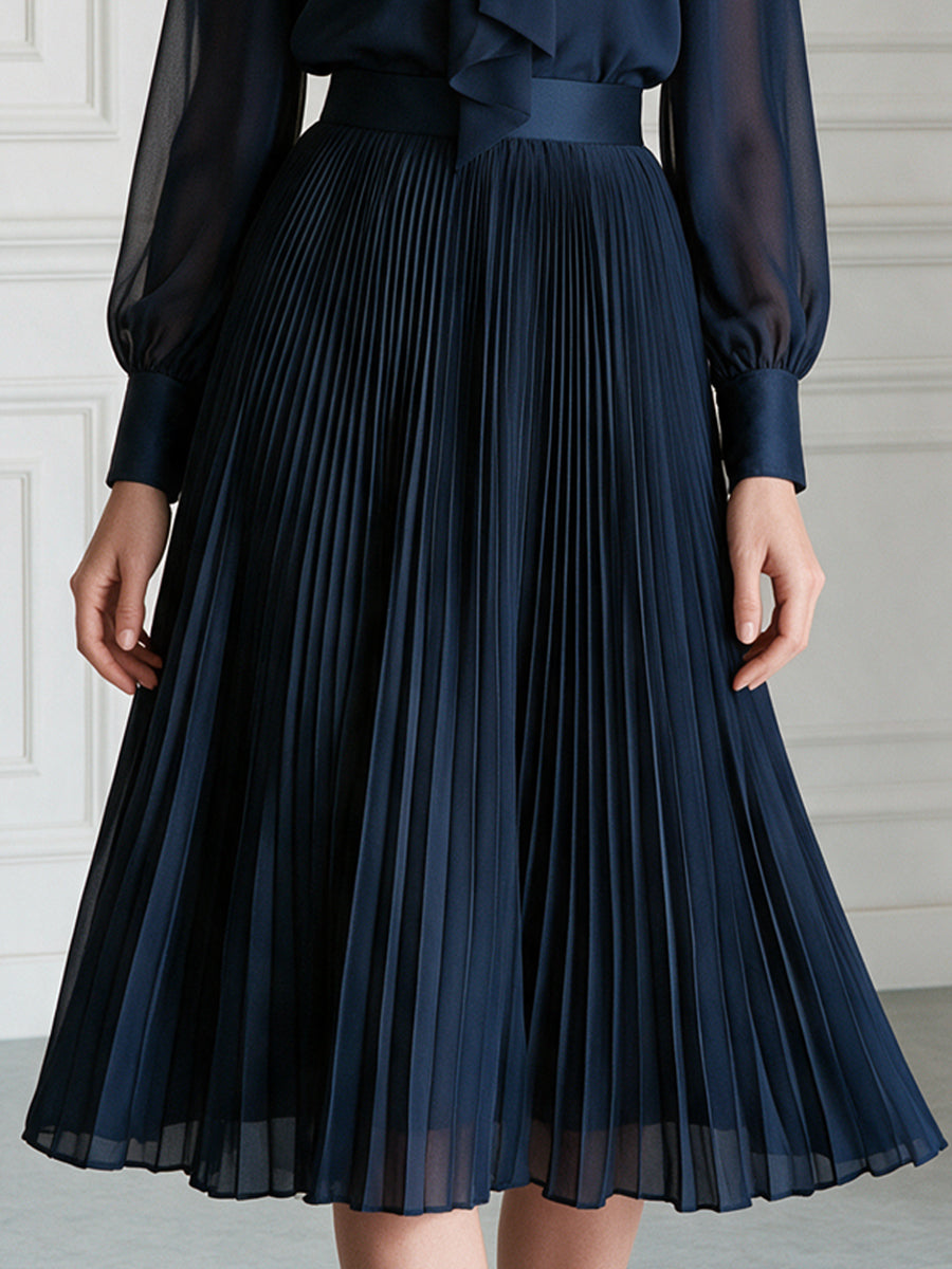 Bow-Neck Chiffon Blouse And Pleated Midi Skirt Set