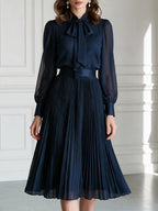 Bow-Neck Chiffon Blouse And Pleated Midi Skirt Set