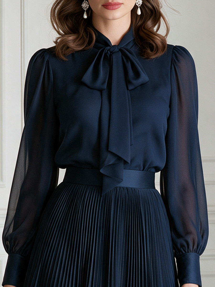 Bow-Neck Chiffon Blouse And Pleated Midi Skirt Set