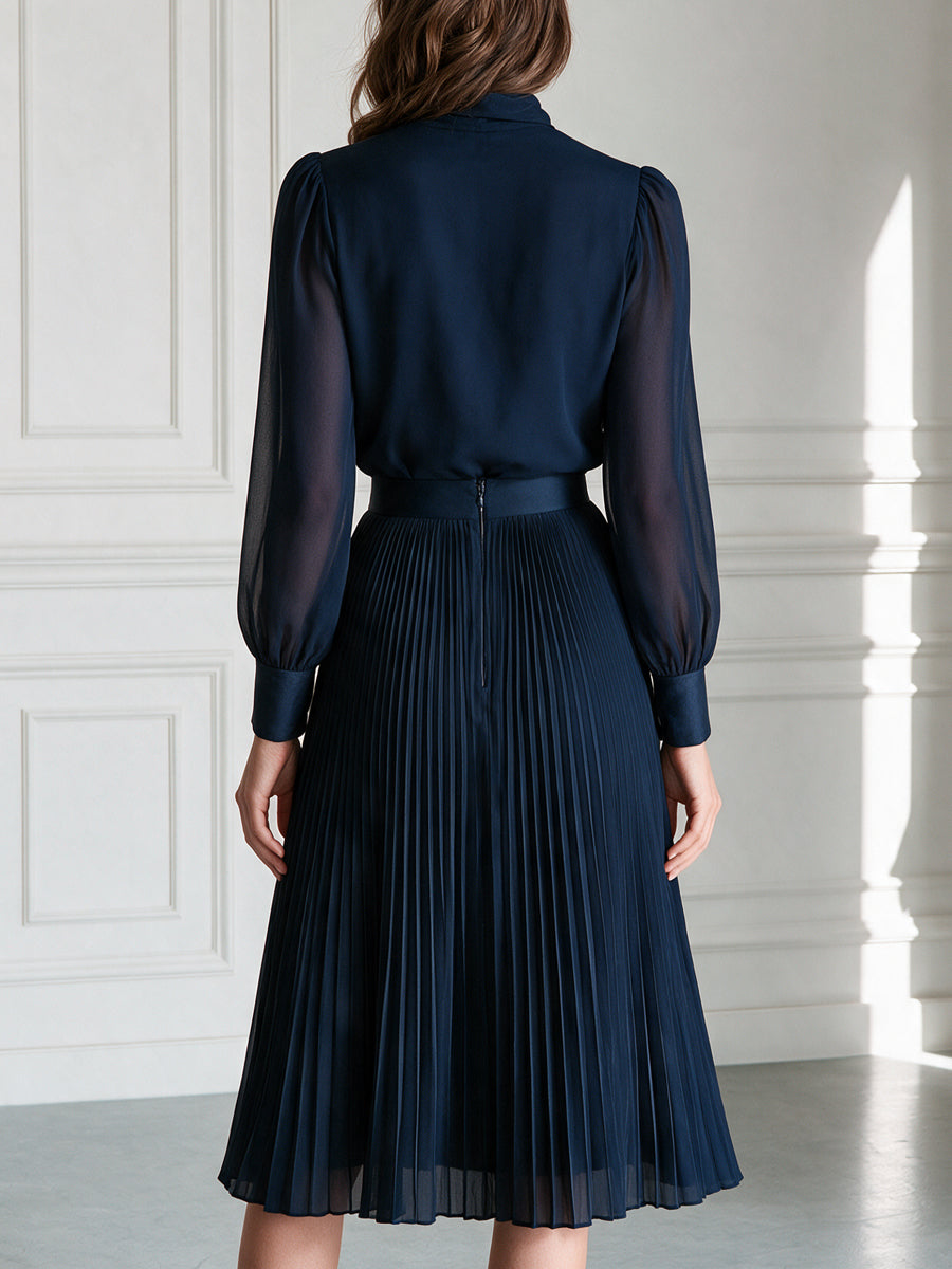 Bow-Neck Chiffon Blouse And Pleated Midi Skirt Set