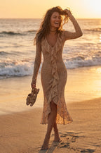 Romantic Beige Lace Ruffle-Trim Long-Sleeve Maxi Dress