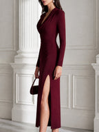Cowl Neck Ruched Side Slit Bodycon Midi Dress