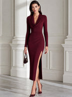 Cowl Neck Ruched Side Slit Bodycon Midi Dress