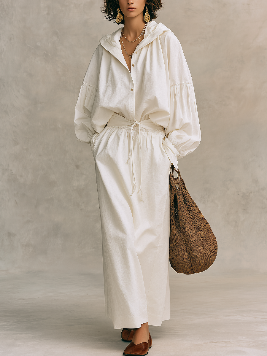 Minimalist White Hooded Drawstring Maxi Dress