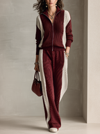 Casual Burgundy Color-blocked Knitwear Set