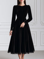 Velvet Bow Detail Long Sleeve A-Line Midi Dress