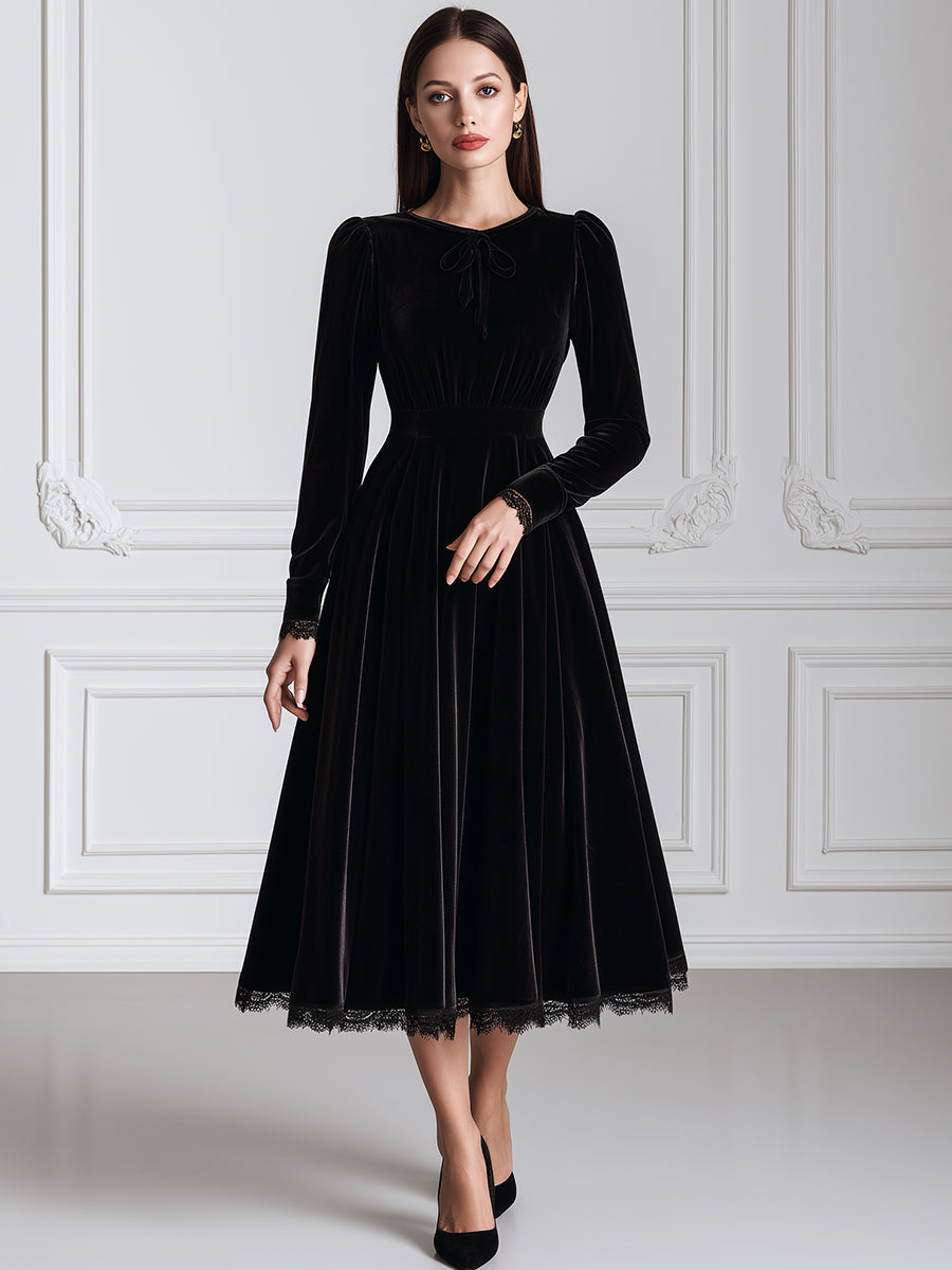 Velvet Bow Detail Long Sleeve A-Line Midi Dress
