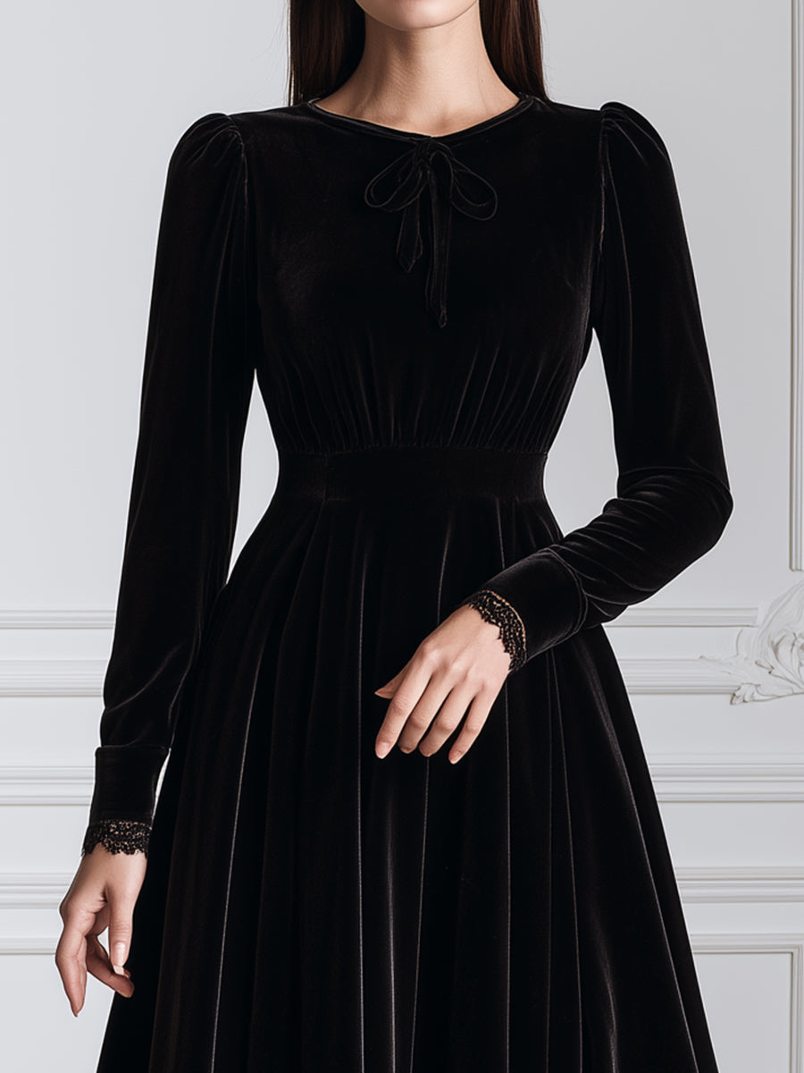 Velvet Bow Detail Long Sleeve A-Line Midi Dress