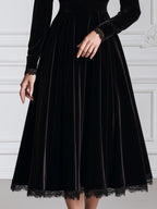 Velvet Bow Detail Long Sleeve A-Line Midi Dress