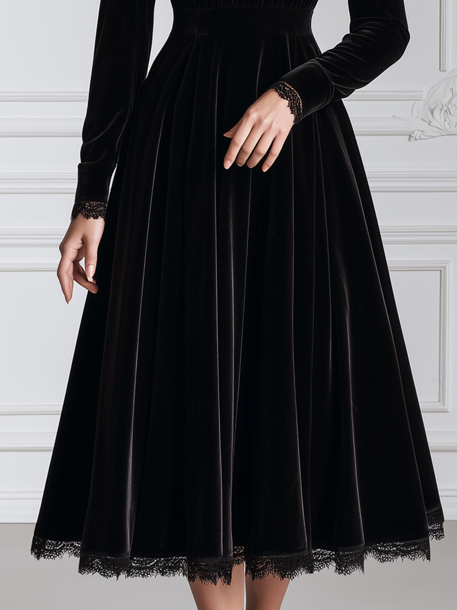 Velvet Bow Detail Long Sleeve A-Line Midi Dress
