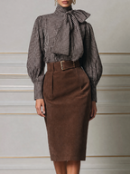 Brown Bow Blouse & High Waist Pencil Midi Skirt Two-Piece Outfit Set