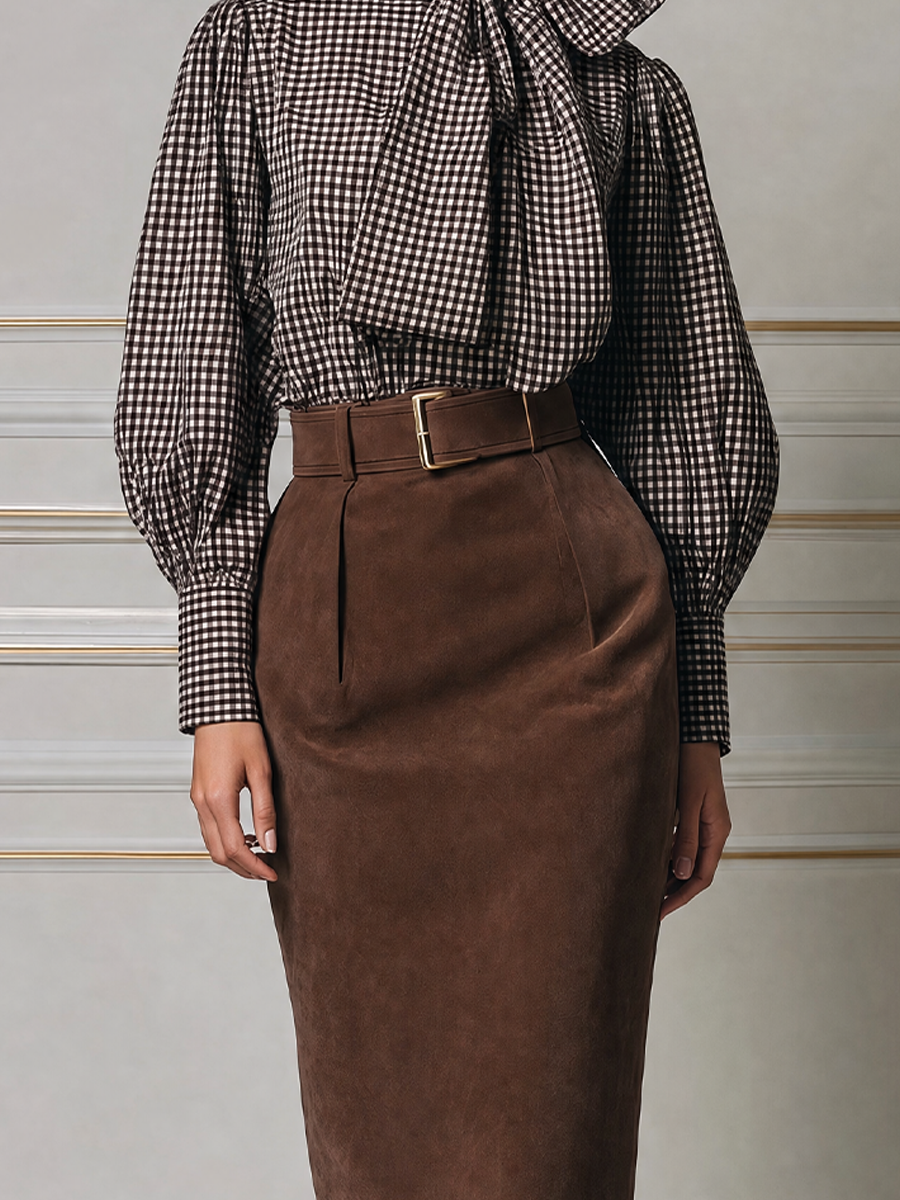 Brown Bow Blouse & High Waist Pencil Midi Skirt Two-Piece Outfit Set