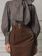 Brown Bow Blouse & High Waist Pencil Midi Skirt Two-Piece Outfit Set