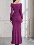 Shimmer Off-the-Shoulder Ruched Slit Maxi Dress