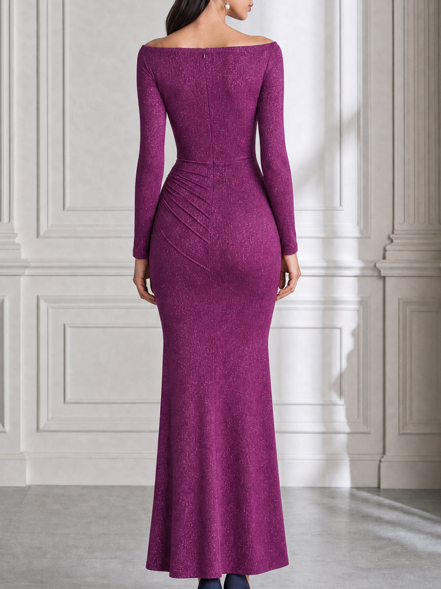 Shimmer Off-the-Shoulder Ruched Slit Maxi Dress