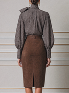 Brown Bow Blouse & High Waist Pencil Midi Skirt Two-Piece Outfit Set