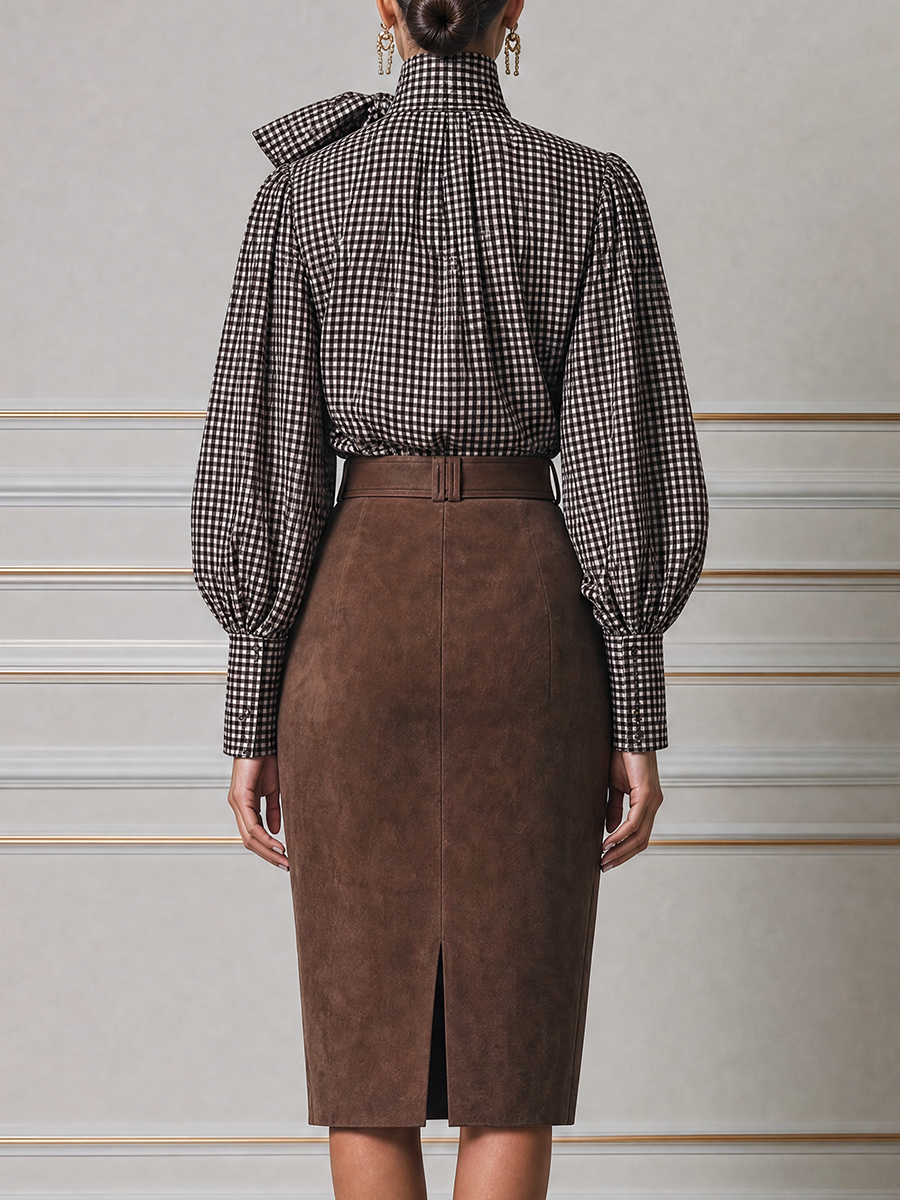 Brown Bow Blouse & High Waist Pencil Midi Skirt Two-Piece Outfit Set