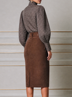 Brown Bow Blouse & High Waist Pencil Midi Skirt Two-Piece Outfit Set