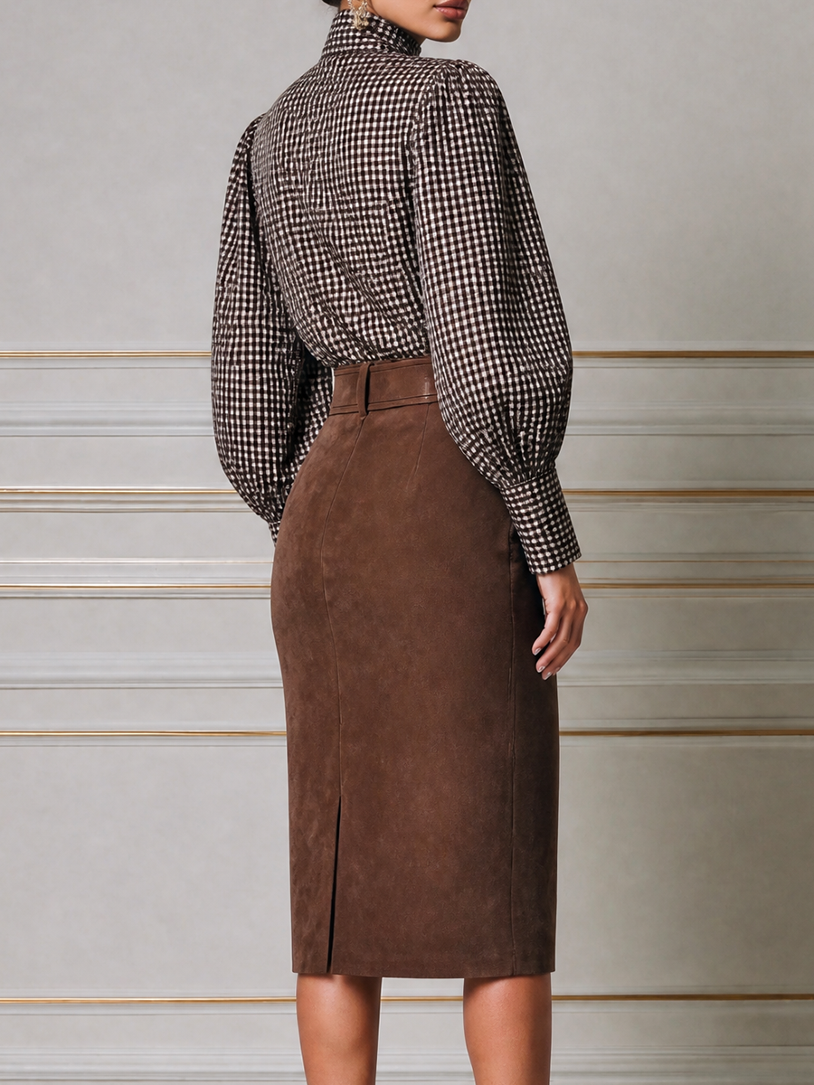 Brown Bow Blouse & High Waist Pencil Midi Skirt Two-Piece Outfit Set