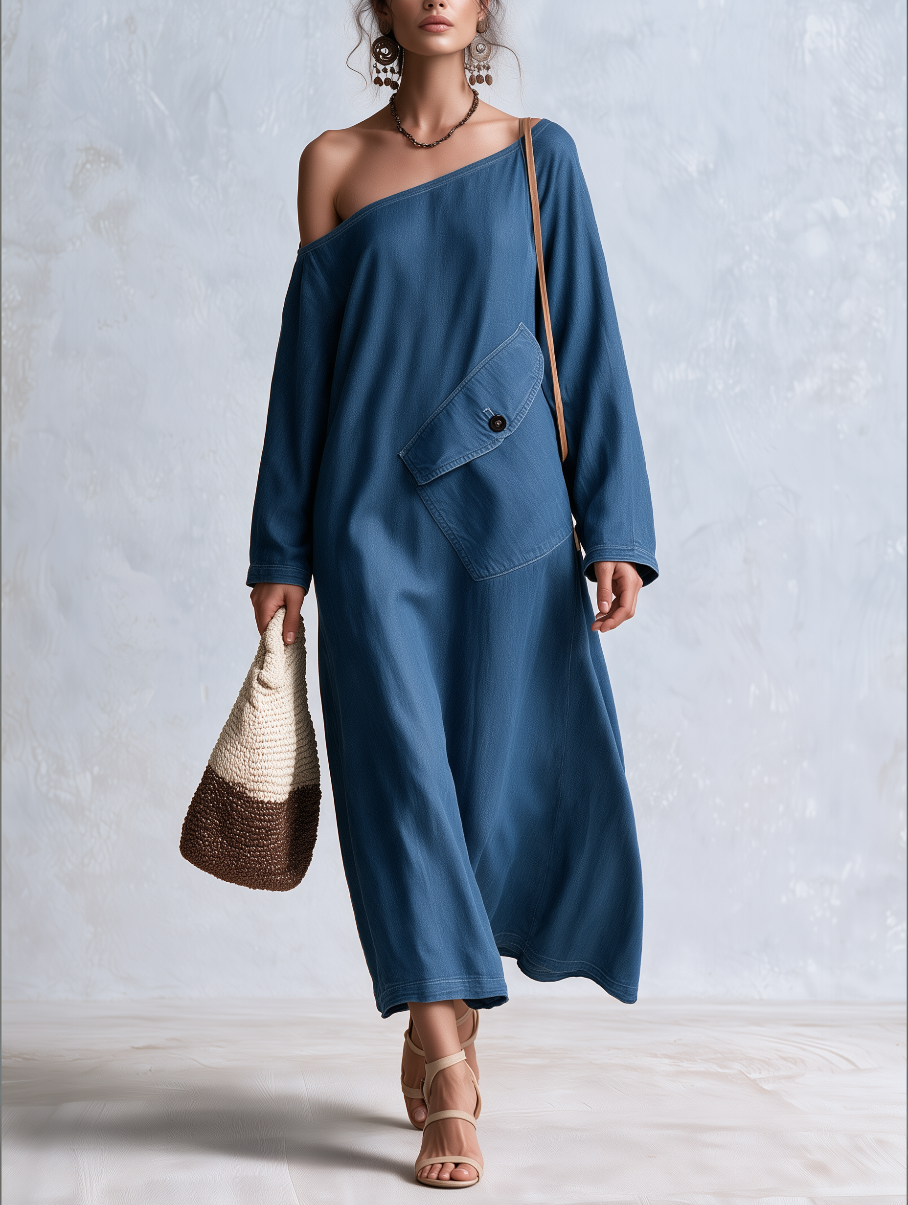 Coastal Boho One Shoulder Denim Maxi Dress
