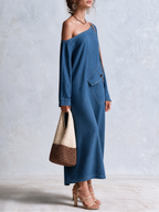 Coastal Boho One Shoulder Denim Maxi Dress