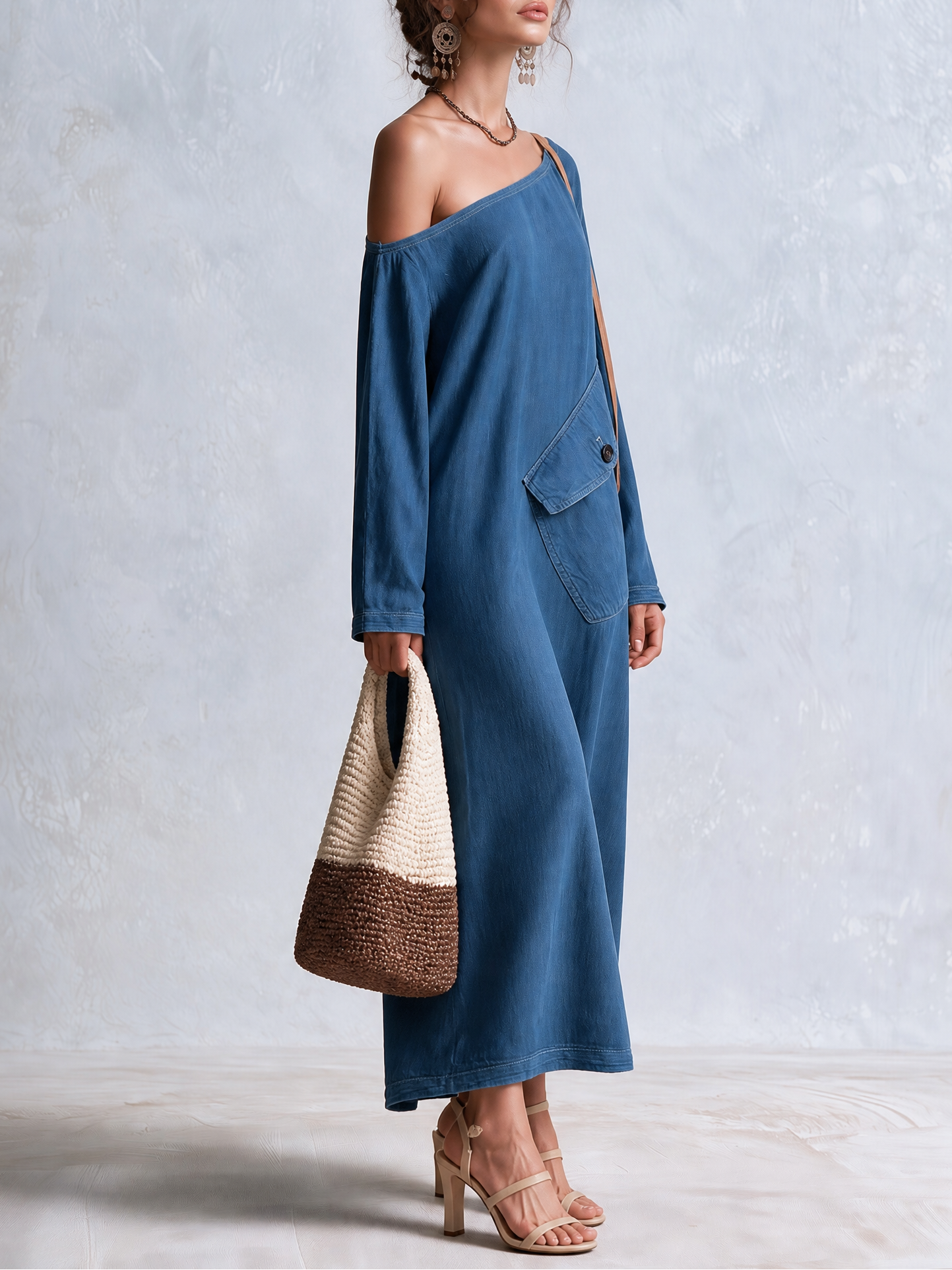 Coastal Boho One Shoulder Denim Maxi Dress