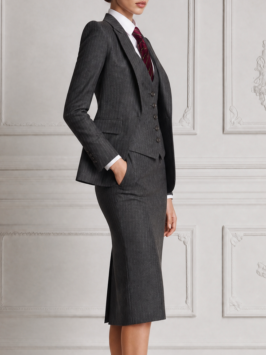 Dark Grey Pinstripe Three-Piece Suit Set