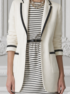 White Black Trim Blazer & Striped Mini Dress Two-Piece Set