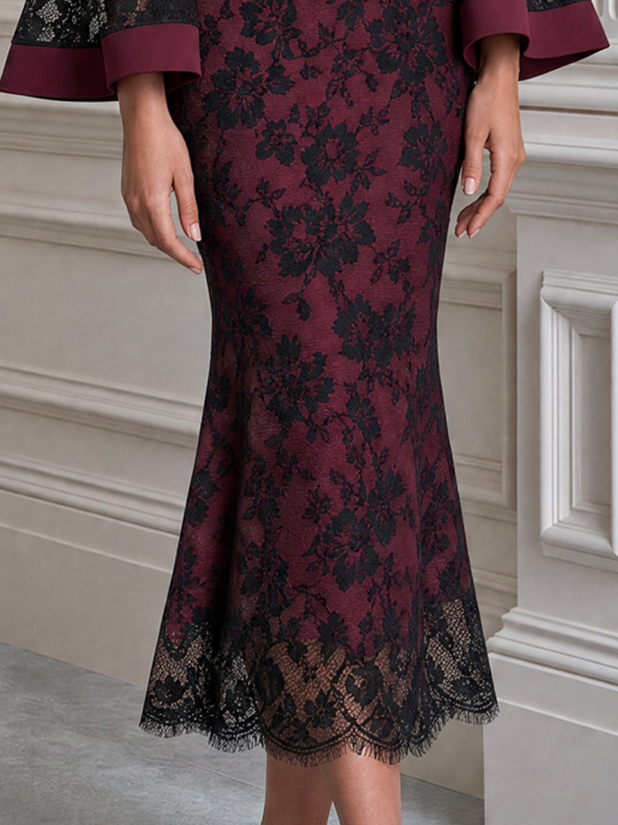 Elegant Floral Lace Off-the-Shoulder Bell-Sleeve Mermaid Midi Dress