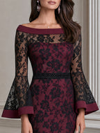 Elegant Floral Lace Off-the-Shoulder Bell-Sleeve Mermaid Midi Dress