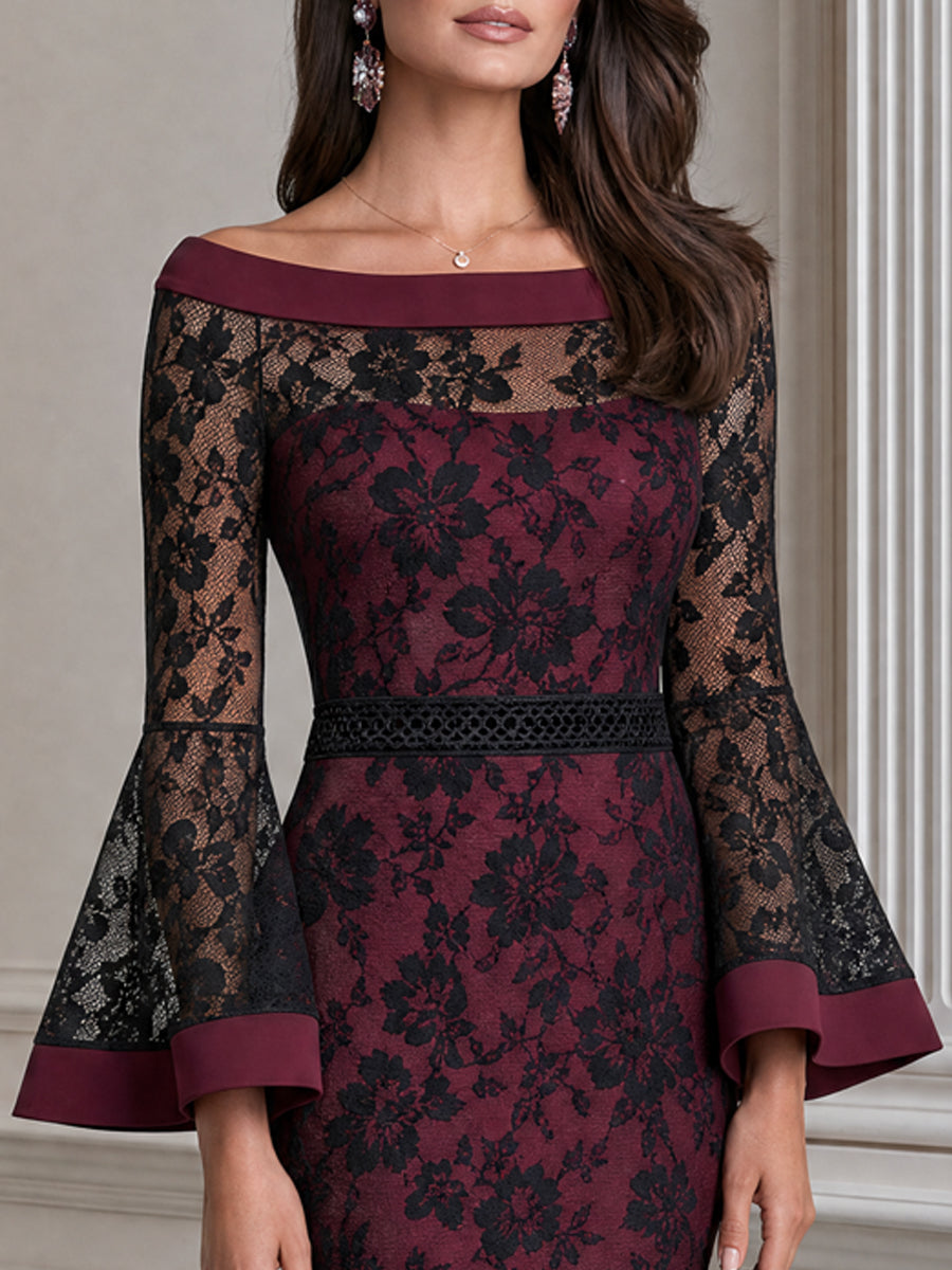 Elegant Floral Lace Off-the-Shoulder Bell-Sleeve Mermaid Midi Dress