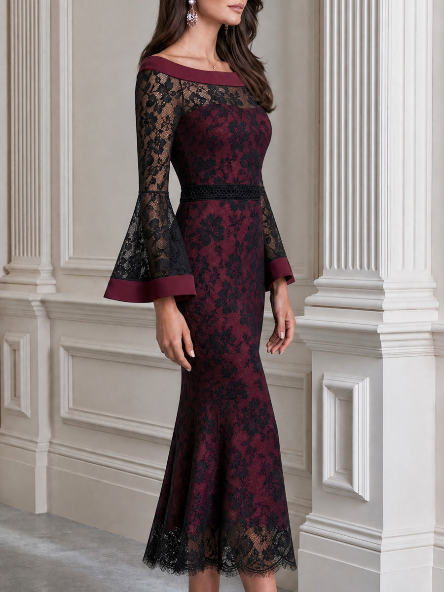 Elegant Floral Lace Off-the-Shoulder Bell-Sleeve Mermaid Midi Dress