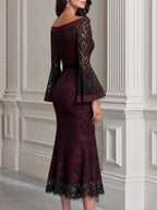 Elegant Floral Lace Off-the-Shoulder Bell-Sleeve Mermaid Midi Dress