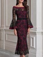 Elegant Floral Lace Off-the-Shoulder Bell-Sleeve Mermaid Midi Dress