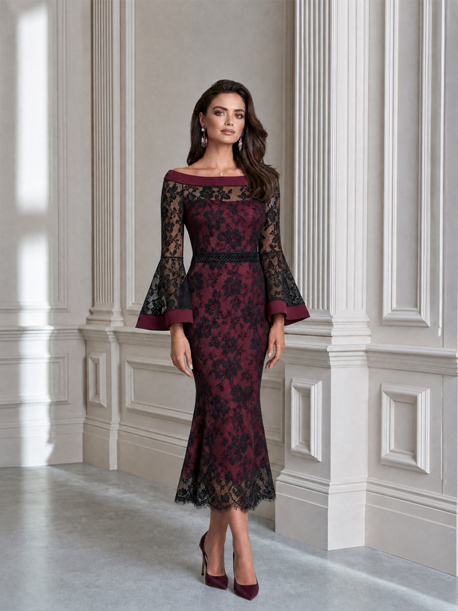 Elegant Floral Lace Off-the-Shoulder Bell-Sleeve Mermaid Midi Dress