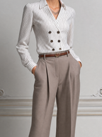 Striped Double Breasted Shirt & Taupe Wide Leg Pants Two-Piece Set