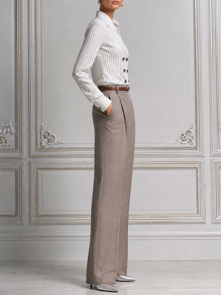 Striped Double Breasted Shirt & Taupe Wide Leg Pants Two-Piece Set