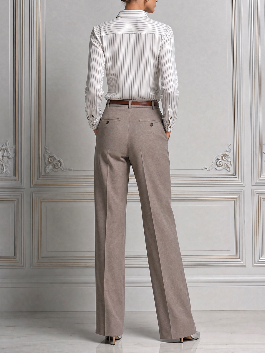 Striped Double Breasted Shirt & Taupe Wide Leg Pants Two-Piece Set