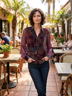 Bohemian Chic Paisley Velvet Semi-Sheer Relaxed Merlot Blouse